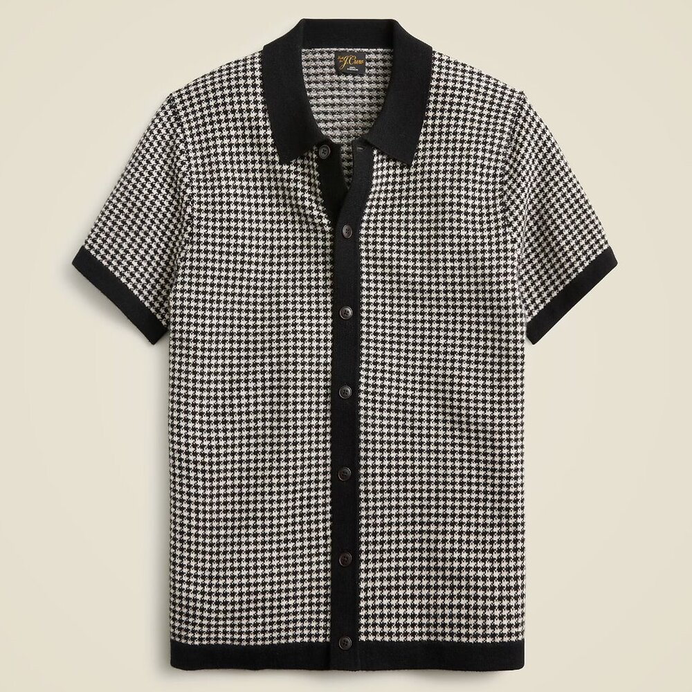 J Crew Cashmere Polo Mens Large Houndstooth Navy Blue Short Sleeve Shirt Sweater